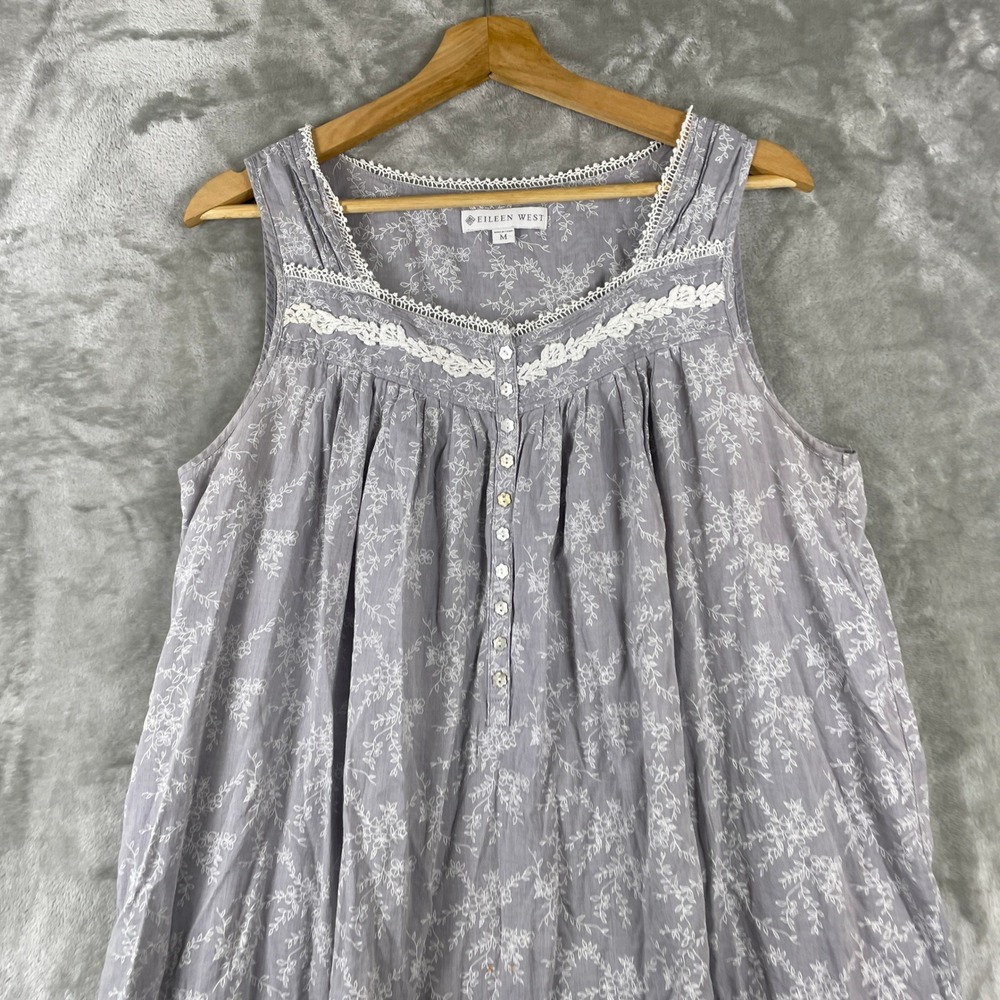 Eileen West Nightgown Womens M Purple Floral Lace Trim Sleeveless Cotton - Picture 3 of 12